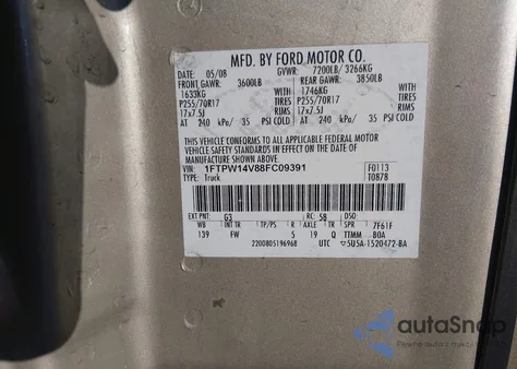 2008 Ford F-150 60Th Anniversary/Fx4/King Ranch/Lariat/Xlt из США, поврежденный, VIN 1FTPW14V88FC09391